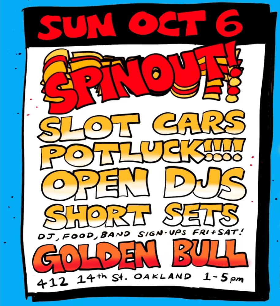 Spinout FREE Party at the Golden Bull, byo food, music and slot car